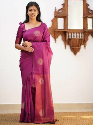 Wine silk blend banarasi saree with unstitched blouse piece 1