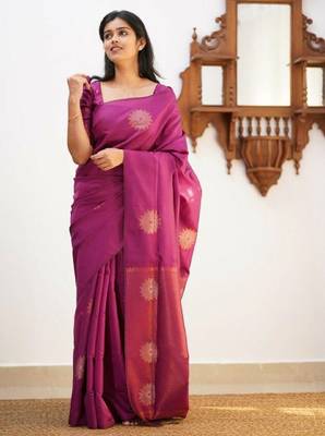 Wine silk blend banarasi saree with unstitched blouse piece 4