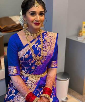 Blue silk blend banarasi saree with unstitched blouse piece 1