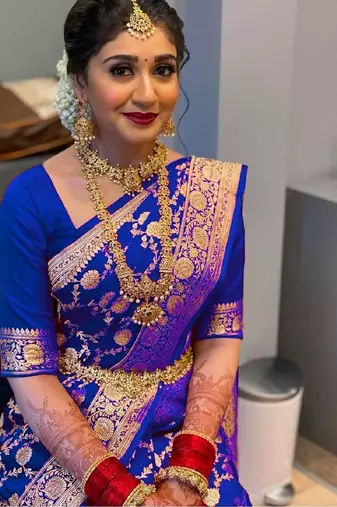 Blue soft silk blend banarasi jacuard work designer party wear saree with unstitched blouse piece