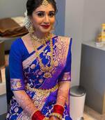 Blue silk blend banarasi saree with unstitched blouse piece