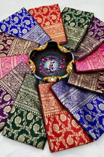 Blue silk blend banarasi saree with unstitched blouse piece