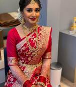 Red silk blend banarasi saree with unstitched blouse piece
