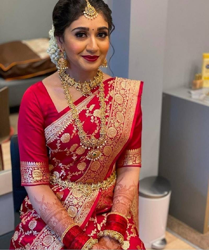 Red soft silk blend banarasi jacuard work designer party wear saree with unstitched blouse piece