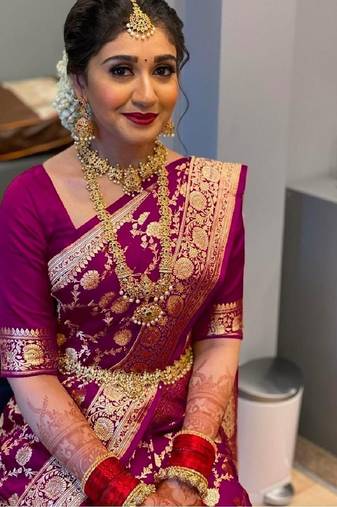 Wine soft silk blend banarasi jacuard work designer party wear saree with unstitched blouse piece