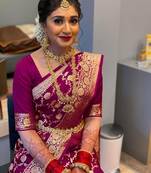 Wine silk blend banarasi saree with unstitched blouse piece