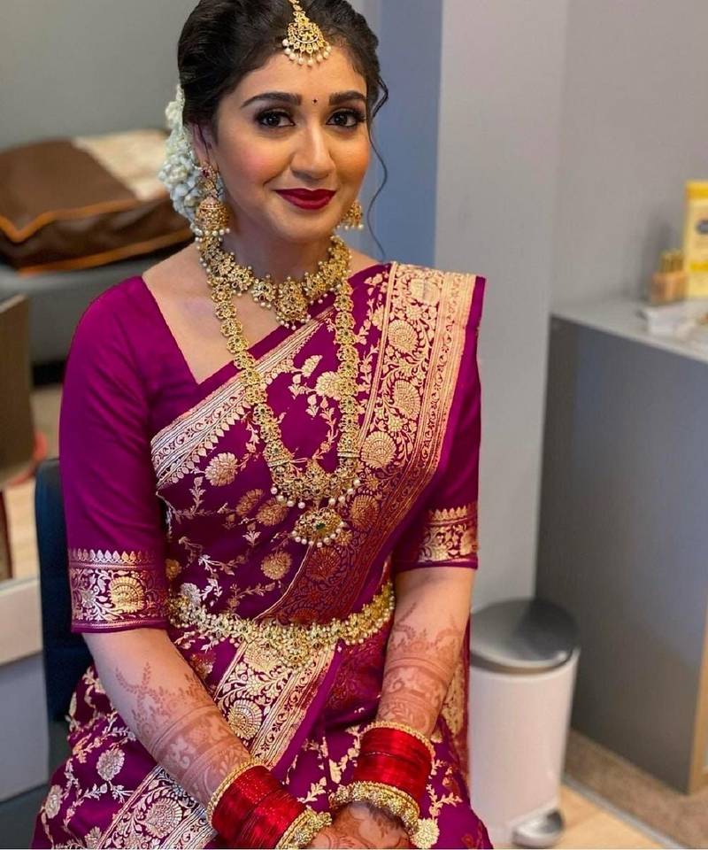 Wine soft silk blend banarasi jacuard work designer party wear saree with unstitched blouse piece