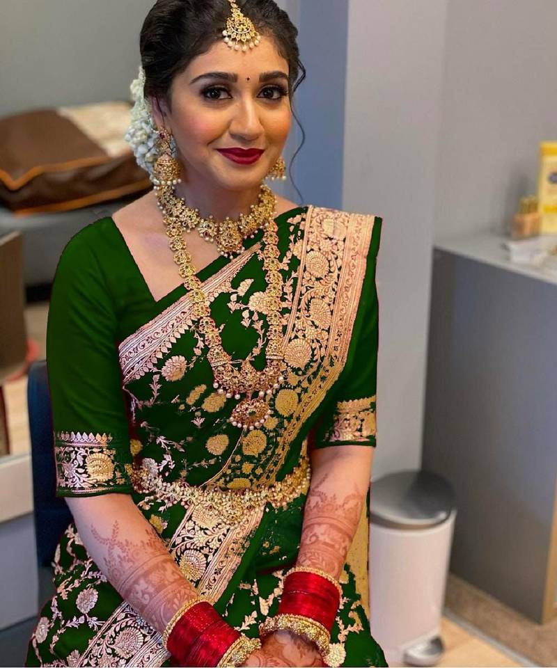 Green soft silk blend banarasi jacuard work designer party wear saree with unstitched blouse piece