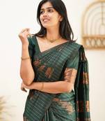 Green silk blend banarasi saree with unstitched blouse piece