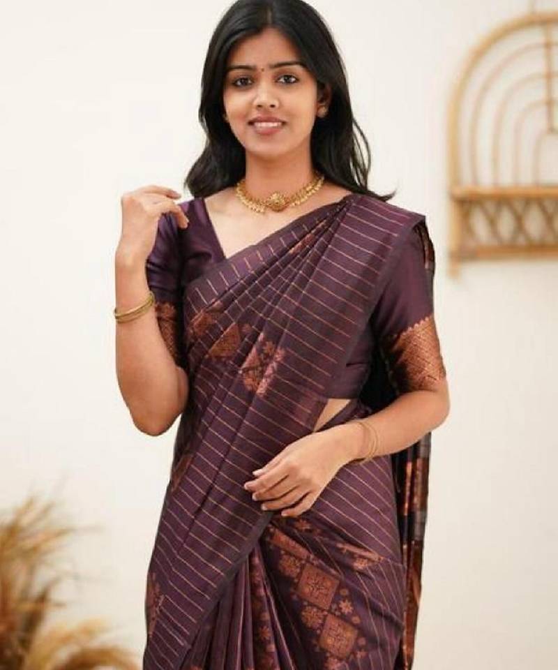 Wine soft silk blend banarasi jacuard work designer party wear saree with unstitched blouse piece