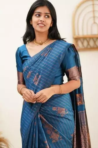 Turquoise soft silk blend banarasi jacuard work designer party wear saree with unstitched blouse piece