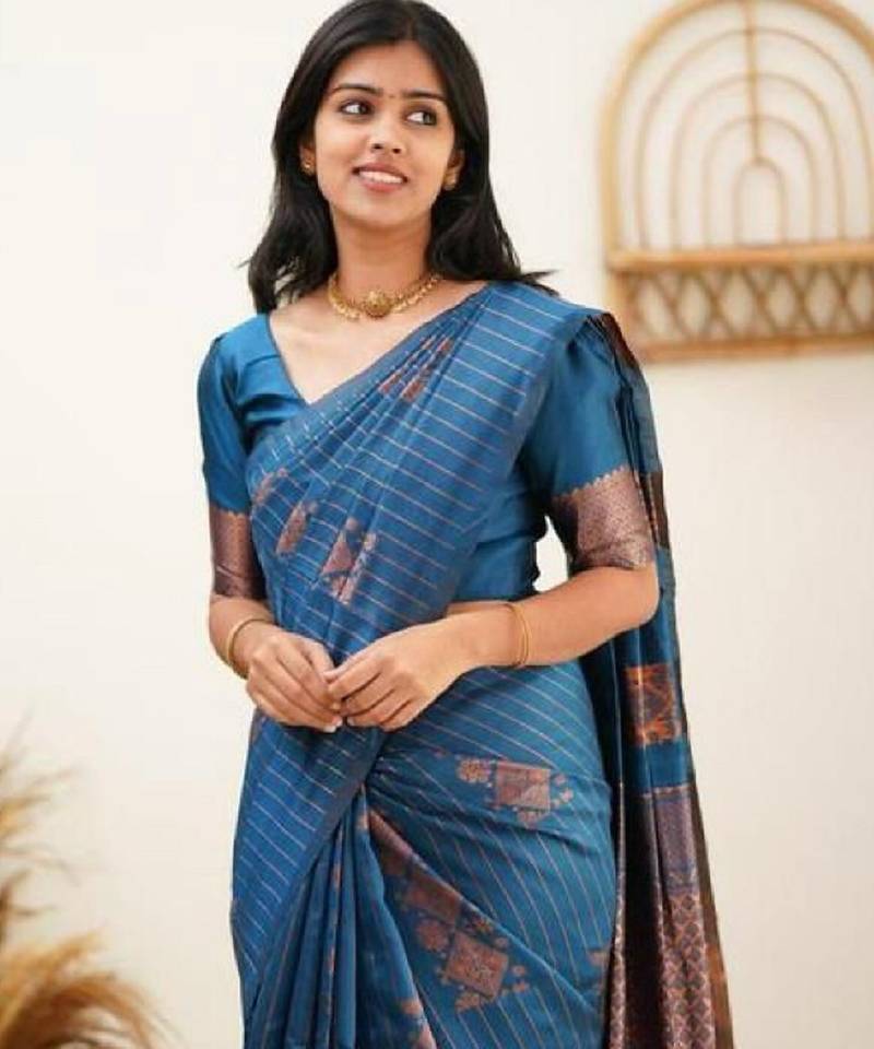 Turquoise soft silk blend banarasi jacuard work designer party wear saree with unstitched blouse piece