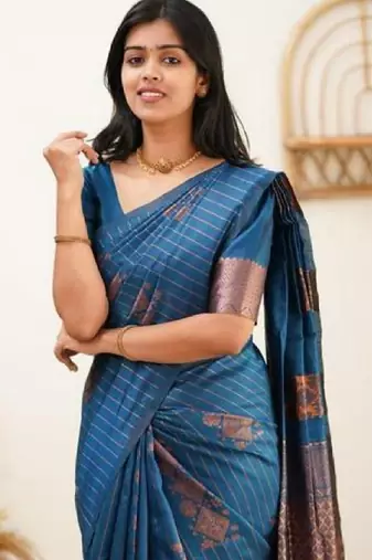 Turquoise silk blend banarasi saree with unstitched blouse piece