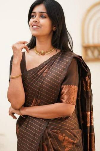 Brown soft silk blend banarasi jacuard work designer party wear saree with unstitched blouse piece