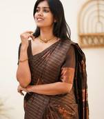 Brown soft silk blend banarasi jacuard work designer party wear saree with unstitched blouse piece