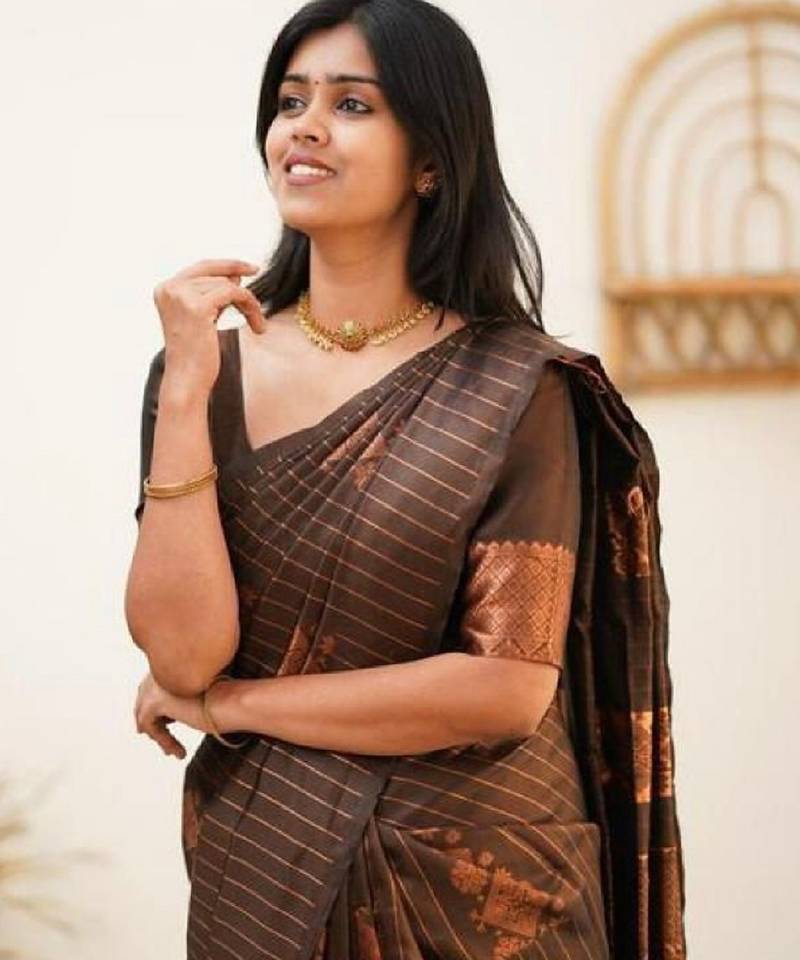 Brown soft silk blend banarasi jacuard work designer party wear saree with unstitched blouse piece