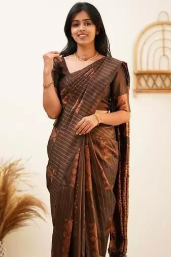 Brown silk blend banarasi saree with unstitched blouse piece