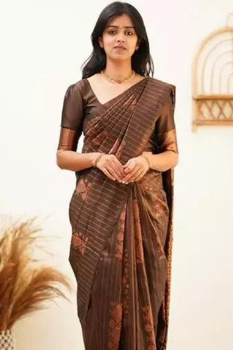 Brown silk blend banarasi saree with unstitched blouse piece