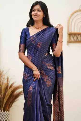 Blue silk blend banarasi saree with unstitched blouse piece