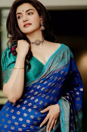 Blue green soft silk blend banarasi jacuard work designer party wear saree with unstitched blouse piece