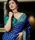 Blue green silk blend banarasi saree with unstitched blouse piece