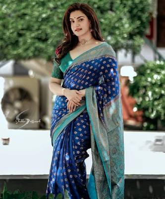 Blue green silk blend banarasi saree with unstitched blouse piece 2