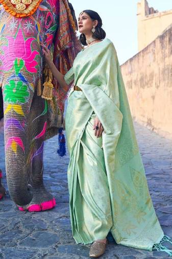 Pista green soft silk blend banarasi jacuard work designer party wear saree with unstitched blouse piece