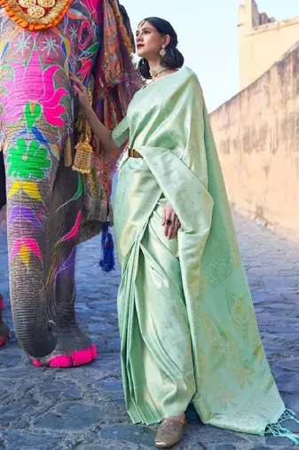 Pista green soft silk blend banarasi jacuard work designer party wear saree with unstitched blouse piece