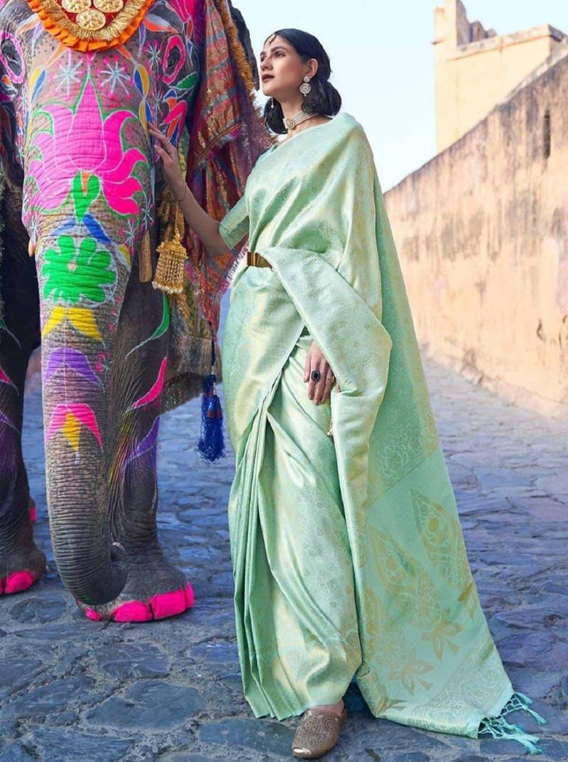 Pista green soft silk blend banarasi jacuard work designer party wear saree with unstitched blouse piece