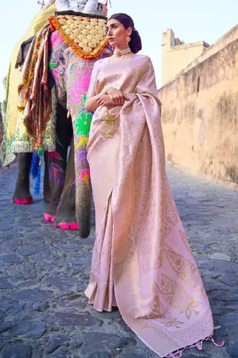 Pink soft silk blend banarasi jacuard work designer party wear saree with unstitched blouse piece