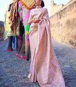 Pink silk blend banarasi saree with unstitched blouse piece