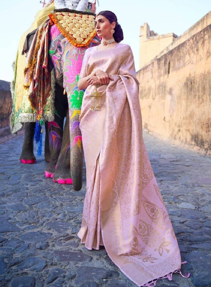 Pink soft silk blend banarasi jacuard work designer party wear saree with unstitched blouse piece