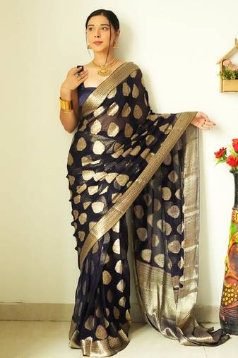 Black soft linen blend banarasi jacuard work designer party wear saree with unstitched blouse piece