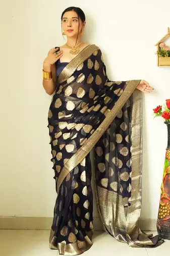 Black soft linen blend banarasi jacuard work designer party wear saree with unstitched blouse piece
