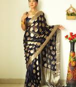Black linen blend banarasi saree with unstitched blouse piece