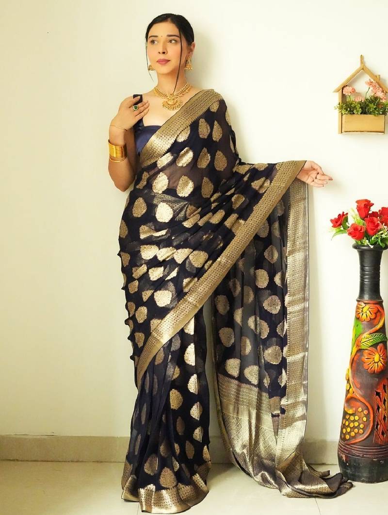 Black soft linen blend banarasi jacuard work designer party wear saree with unstitched blouse piece