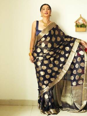 Black linen blend banarasi saree with unstitched blouse piece 2