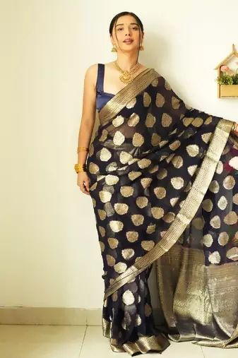 Black linen blend banarasi saree with unstitched blouse piece