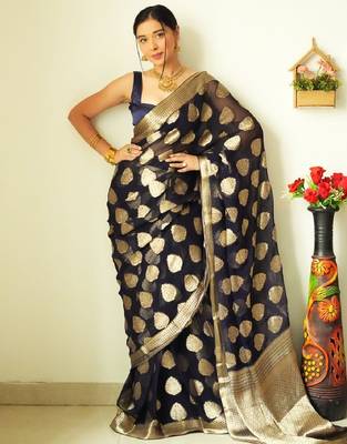 Black linen blend banarasi saree with unstitched blouse piece 3