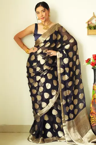 Black linen blend banarasi saree with unstitched blouse piece