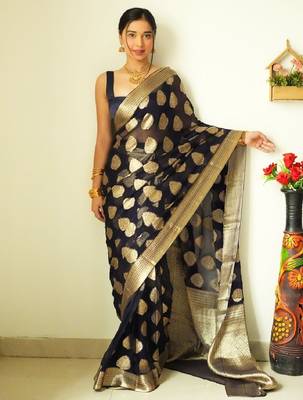 Black linen blend banarasi saree with unstitched blouse piece 4