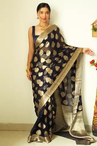 Black linen blend banarasi saree with unstitched blouse piece