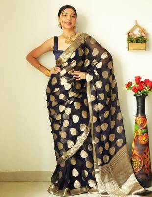 Black linen blend banarasi saree with unstitched blouse piece 5