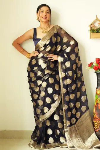 Black linen blend banarasi saree with unstitched blouse piece