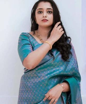 Turquoise silk blend banarasi saree with unstitched blouse piece 1