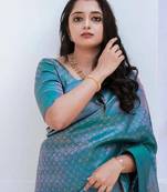 Turquoise silk blend banarasi saree with unstitched blouse piece