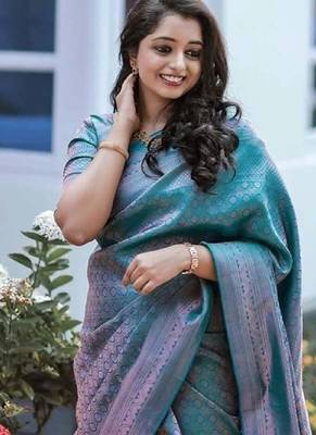 Turquoise silk blend banarasi saree with unstitched blouse piece 2