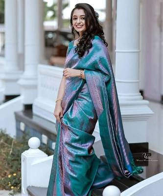 Turquoise silk blend banarasi saree with unstitched blouse piece 3