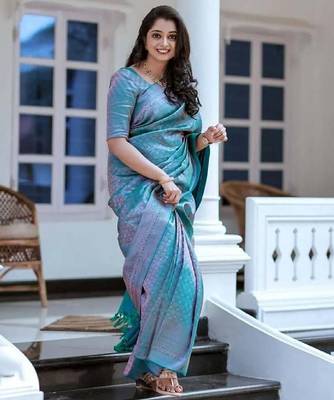 Turquoise silk blend banarasi saree with unstitched blouse piece 4