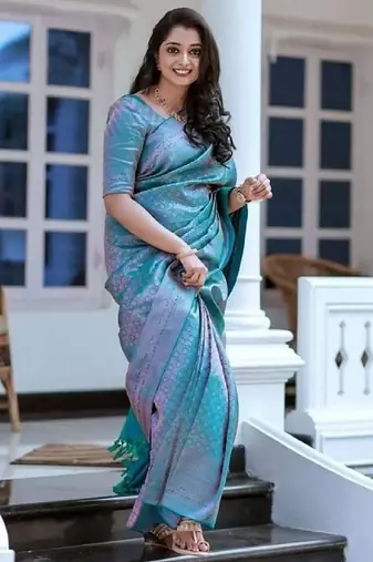 Turquoise silk blend banarasi saree with unstitched blouse piece
